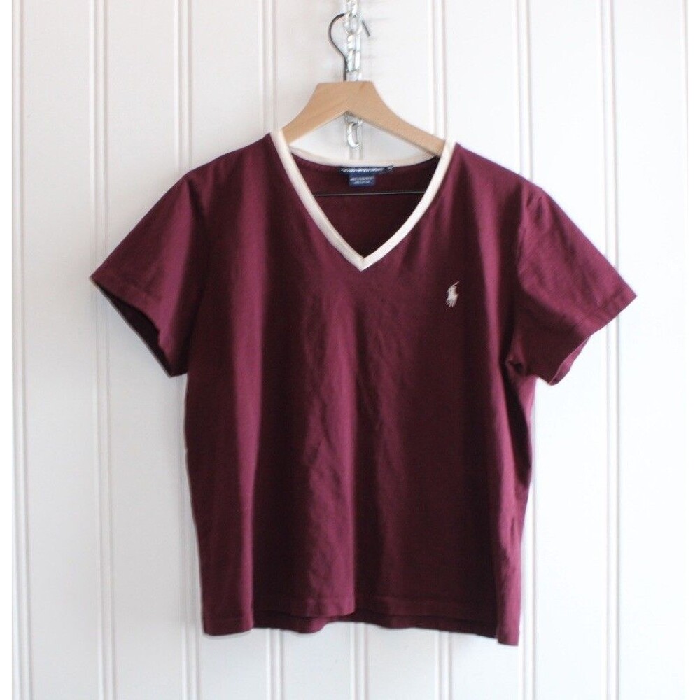 Vintage Y2K Ralph Lauren Sport Burgundy V-Neck‎ Tee Logo Cotton Shirt Size XL